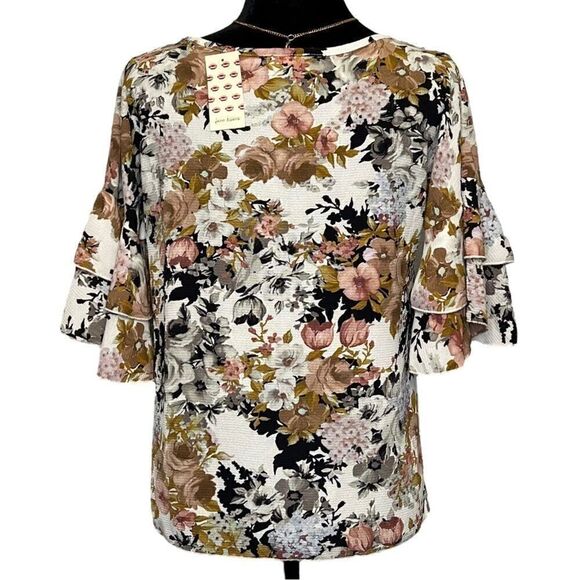 NWT Free Kisses Ivory Pink Black Floral Bell Sleeve Attached Necklace Top Size M - Picture 9 of 9